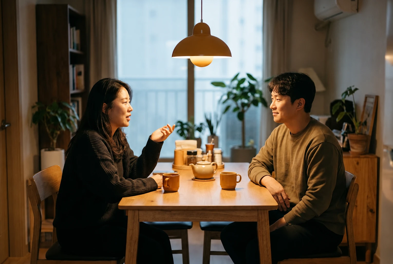 저녁 식탁에 마주 앉아 이야기를 나누는 커플
